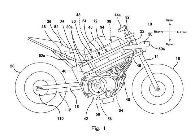 Kawasaki electric motorcycle patent image placement of motor and batteries